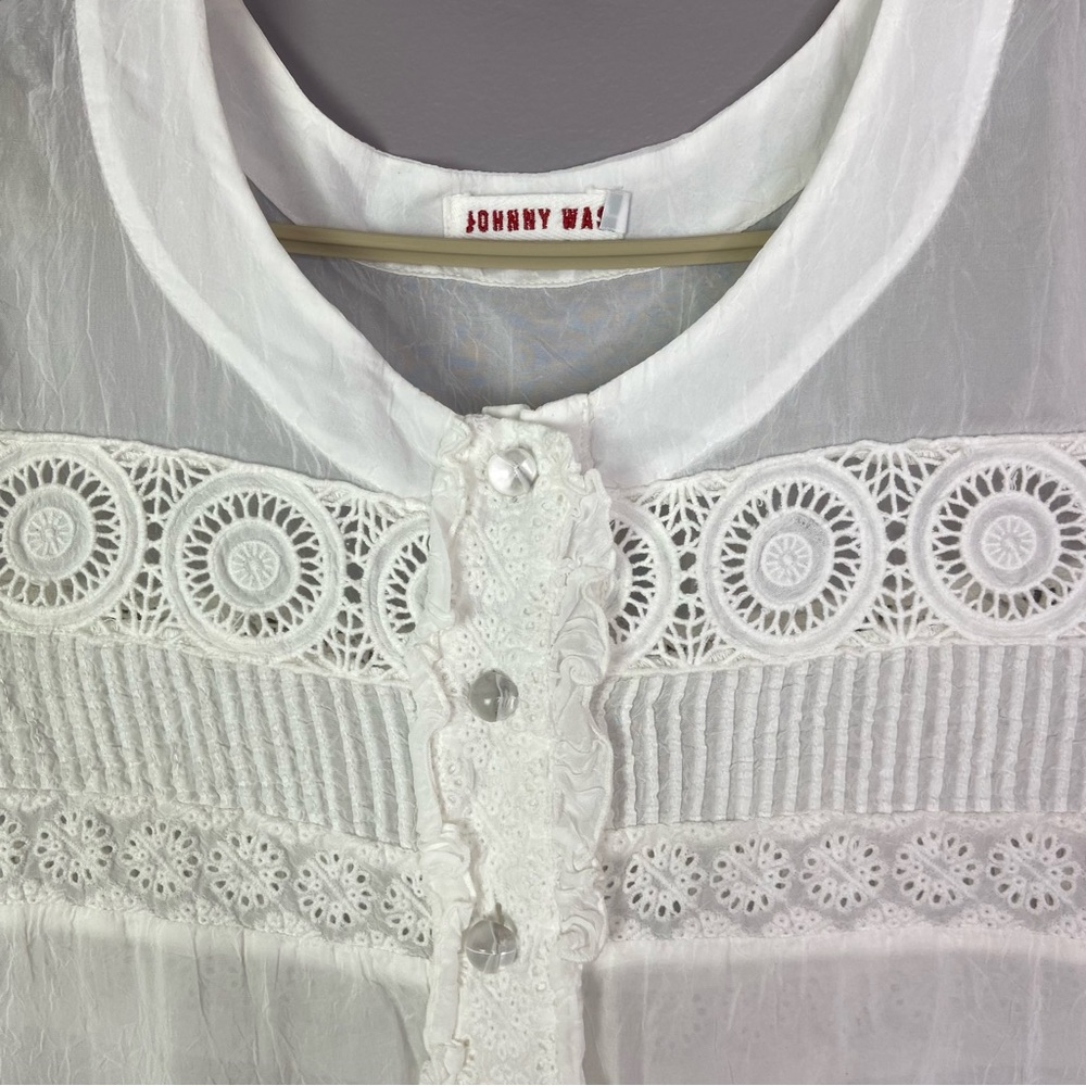 Johnny Was White Blouse Semi-Sheer Crochet Lace Short Sleeves Buttons Size Large - Picture 3 of 14